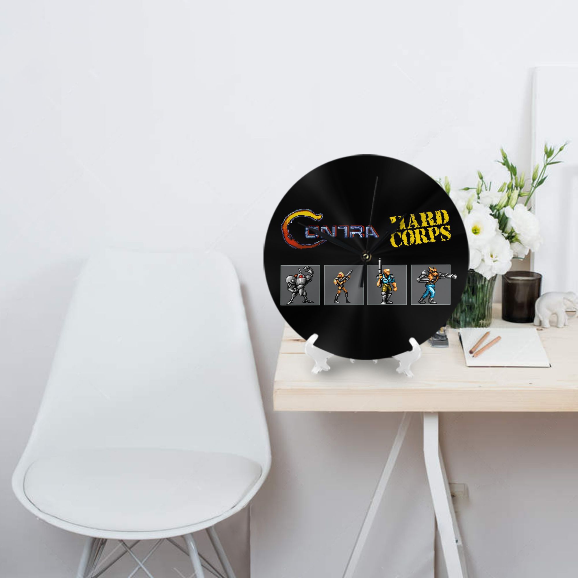 Retro Gaming Corps - コントラハードコープスレトロゲームアートプリント壁時計部屋の装飾サイレントラウンド時計寝室リビングキッチンホーム用