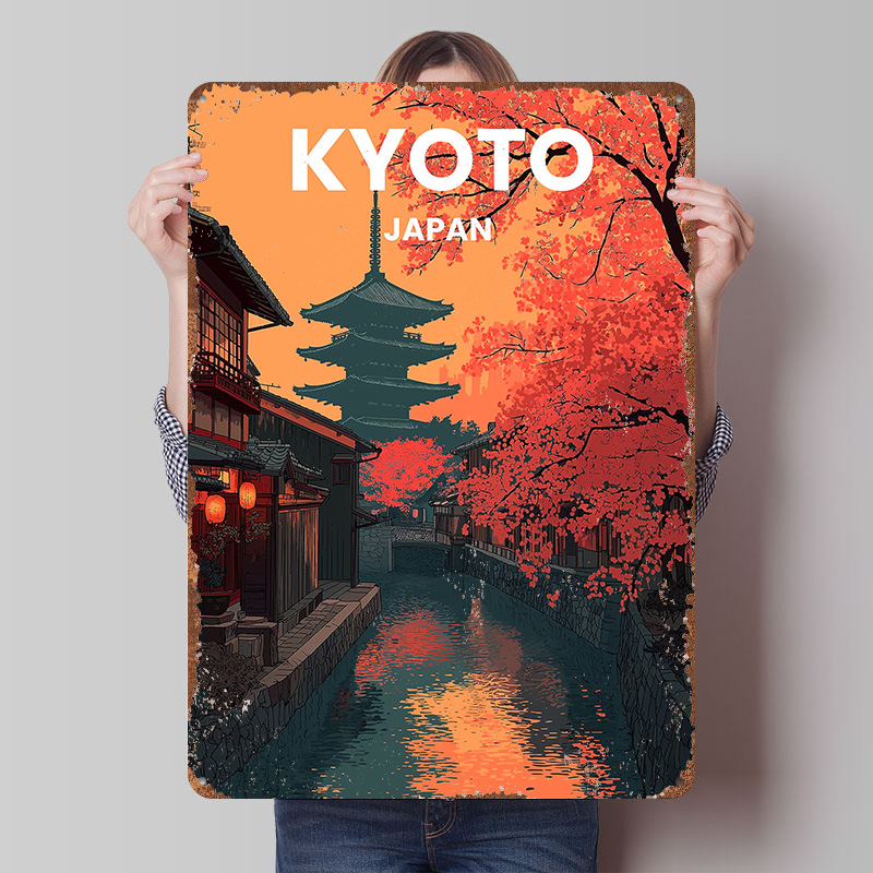 Retro Gaming Kyoto - 京都日本塔河川金属ポスターカスタムウォールアートレトロヴィンテージブリキ看板男性用洞窟ゲームルーム装飾美的装飾品