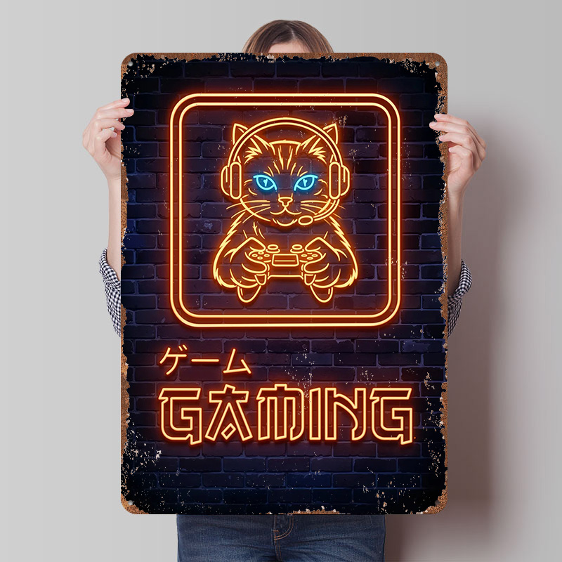 Retro Gaming At - ネオンゲーミングキャットプリントポスター、カスタムメイドのウォールアート、レトロヴィンテージメタルティンサイン、家の装飾、コーヒーバーの装飾品