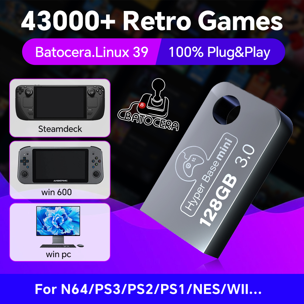 Retro Gaming Usb - Batocera-Windows 43000用のUSBフラッシュドライブ,レトロなゲームコンソールps3,ps2,ps1,n64,wii,pc,128 gb用のスティック